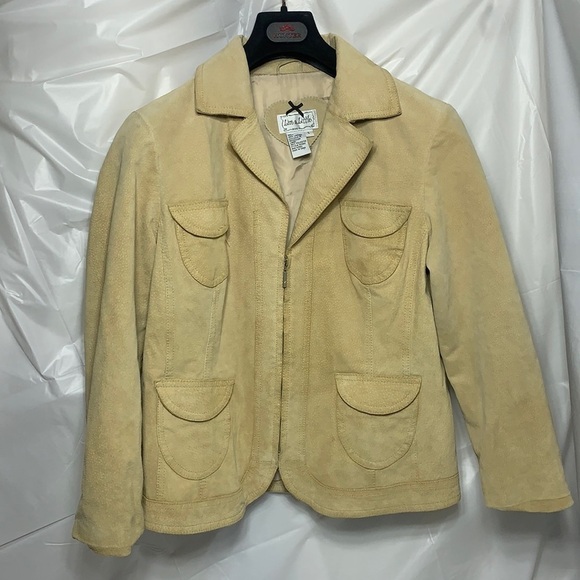 WOMEN’S Live a Little Cream Light Yellow Zip Up Leather Jacket Size L - Picture 2 of 7